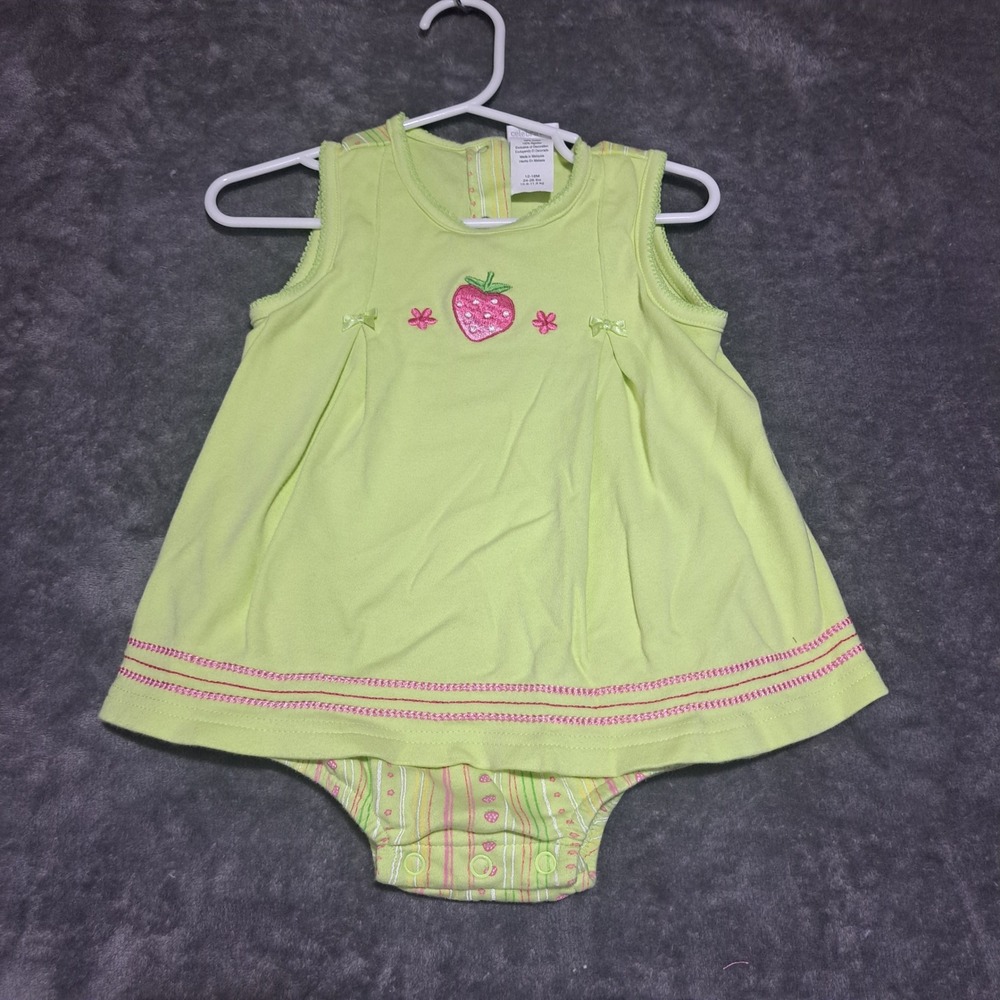 VTG Carters Kids Baby Girl Lime Green Strawberry Romper Dress 12-18M Summer Cute